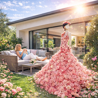 Frau mit Blume und Garten